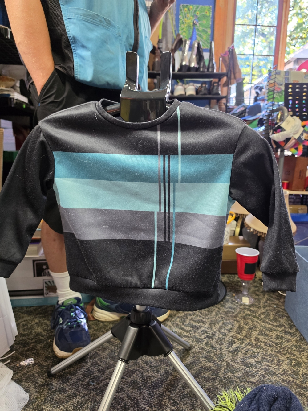 SHEIN Black Crewneck Sweater with Teal and Gray Stripes